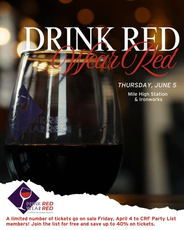 Drink Red Wear Red is coming up on June 5!🍷 This early-summer soirée features unlimited bites from local restaurants plus all-you-can-drink wines, signature cocktails, and N/A beverages, too. Did we mention it’s also a great excuse to get dressed up in your finest (or funkiest) red outfit and party for a great cause?💃

Join the party! A limited number of tickets will go on sale next Friday, April 4, for CRF Party List members only. CRF Party List subscribers will get access to the ticket sale through email... and once these discounted tickets are gone, they’re gone!

Mark your calendars and join the CRF Party List for free today to save up to 40% on Drink Red Wear Red tickets. Link in bio.

#CORestaurants #ColoradoRestaurants #DrinkRedWearRed #DRWR2025 #ColoradoEvents #DenverRestaurants #Denver #ExploreColorado #DenverEvents #Thingstododenver #303eats